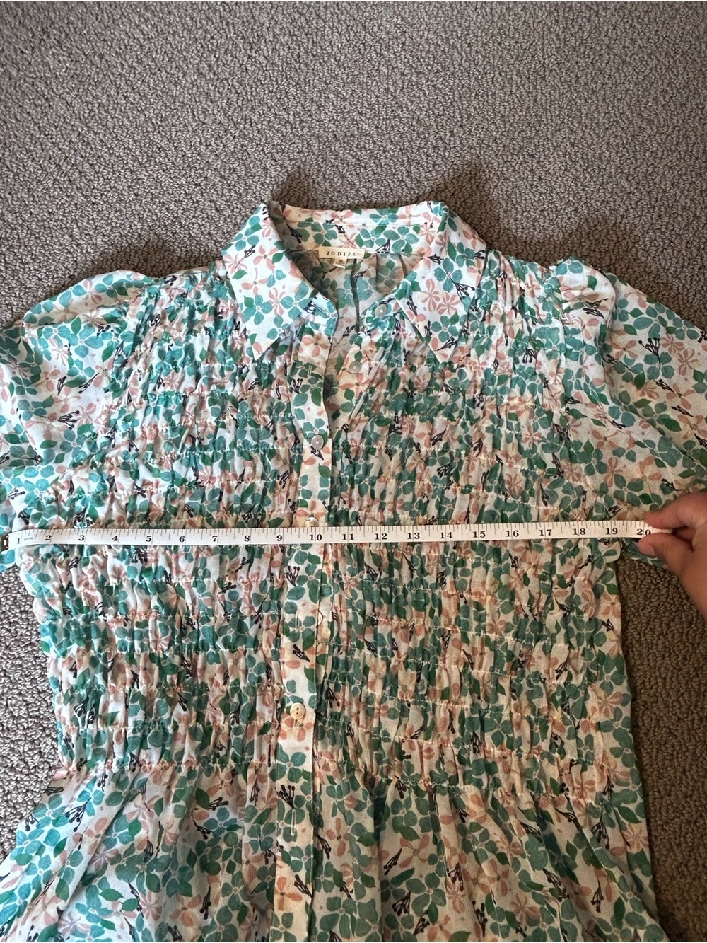 JODIFL Green & Pink Smocked Floral Peplum Blouse - Picture 8 of 11